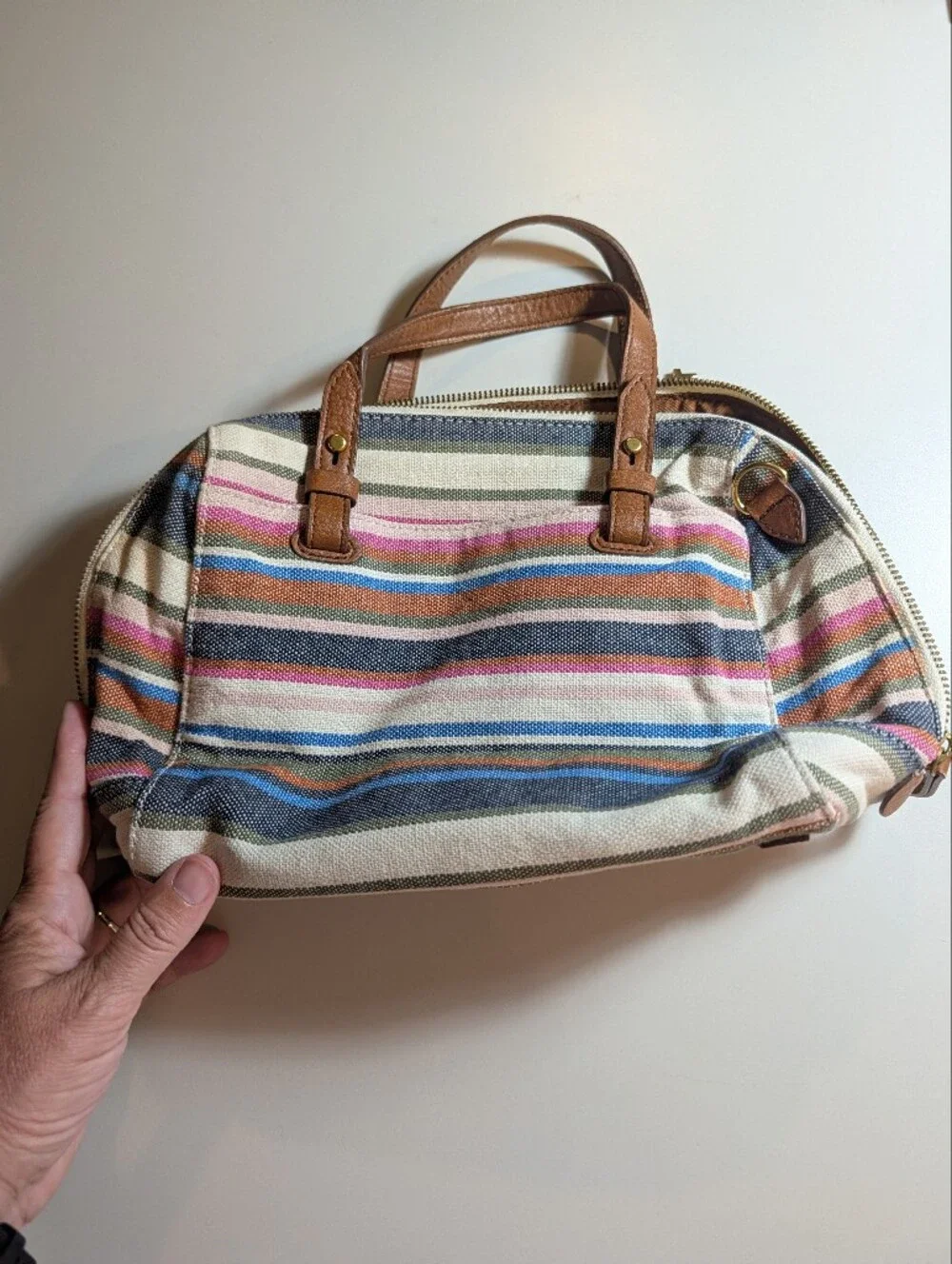 Fossil Striped Canvas Satchel with Tan Leather Accents
